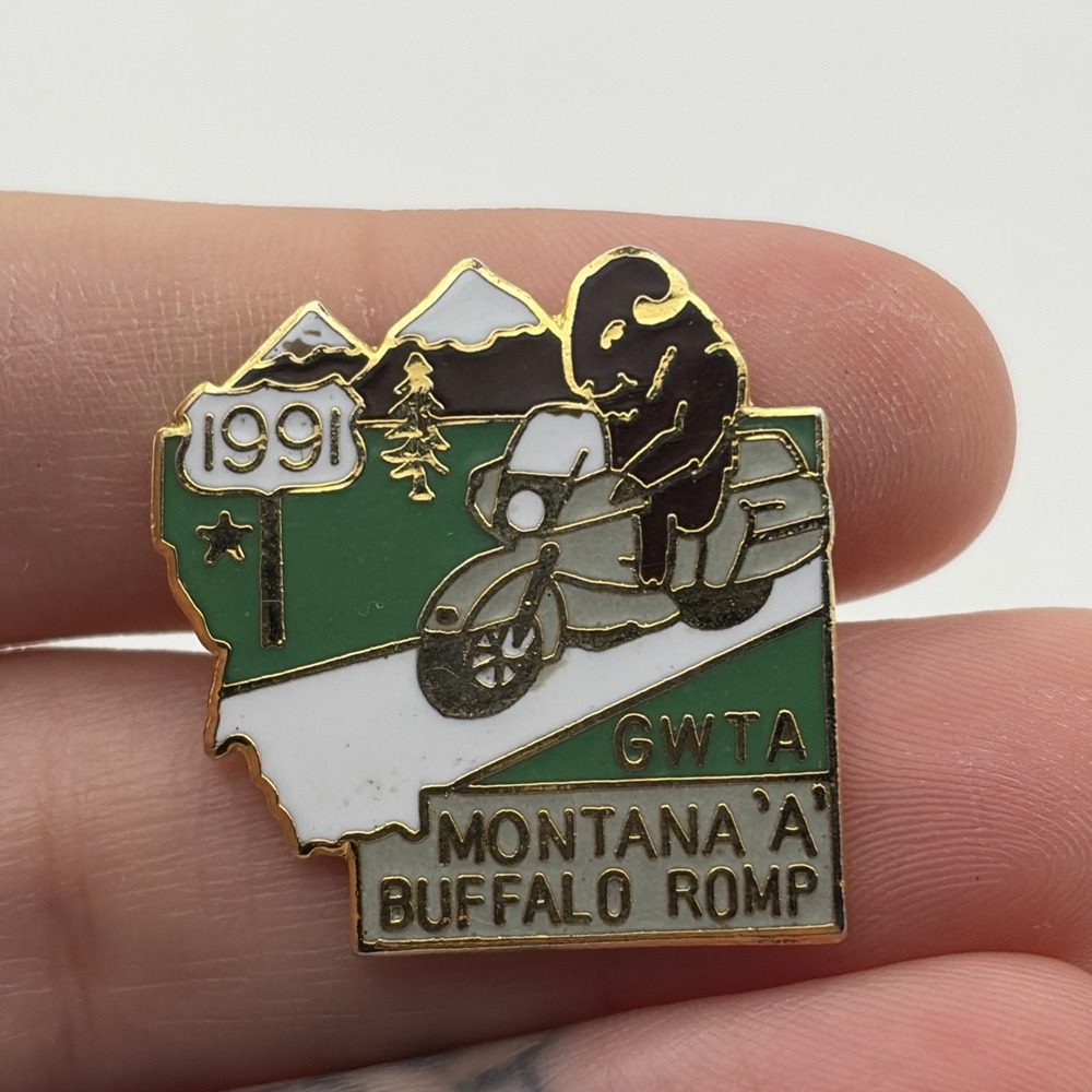 Vintage 1991 GWTA Motorcycles Montana Buffalo Romp Lapel Hat Pin